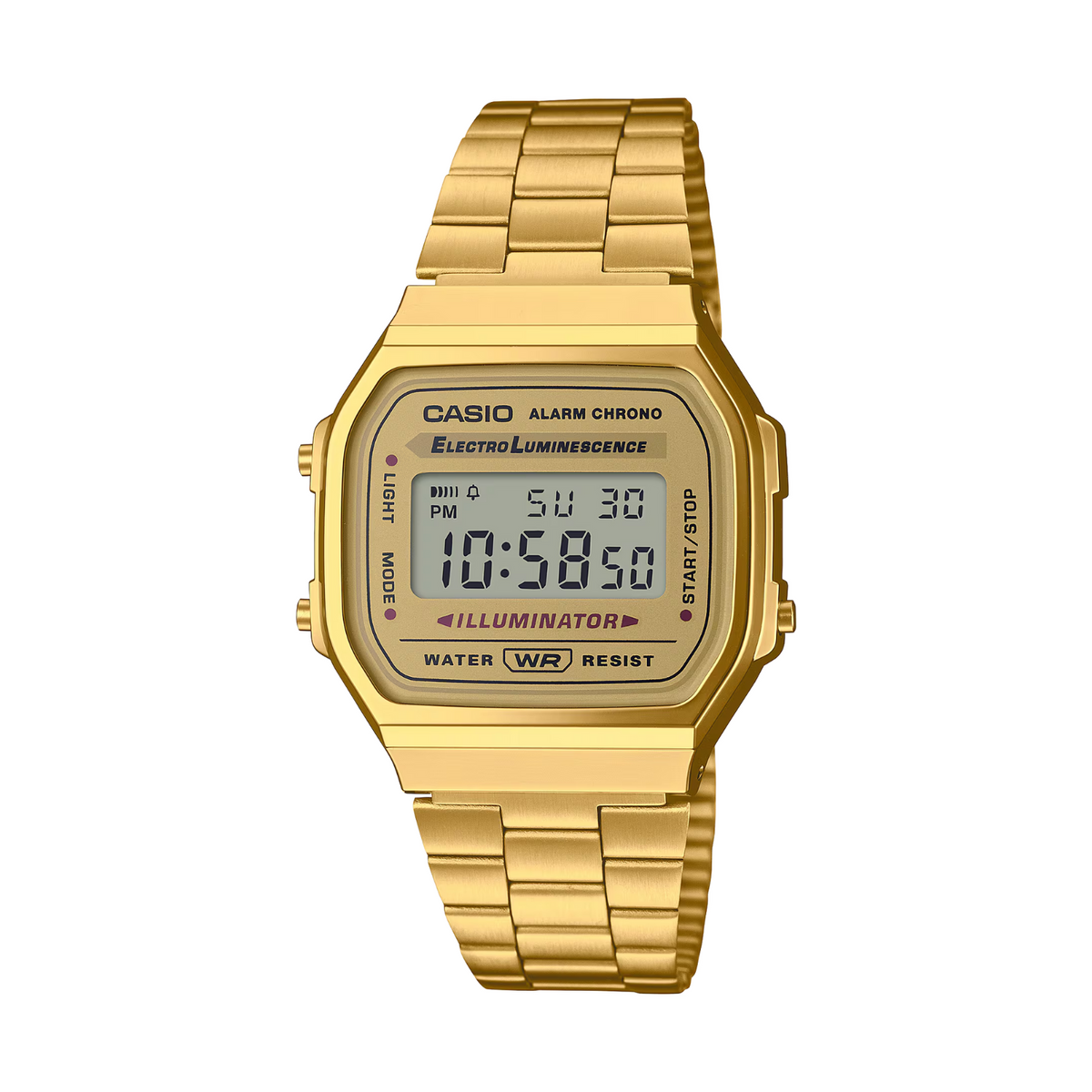 Gold Casio digital watch on a white background