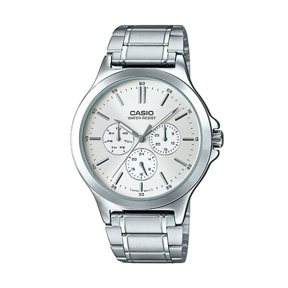 Silver Casio watch with a white face on a white background
