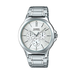 Silver Casio watch with a white face on a white background