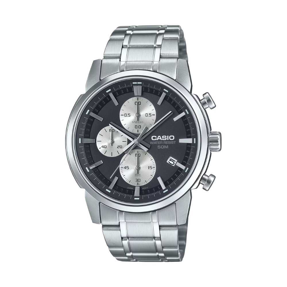 Casio watch with silver metal strap and black dial on a white background