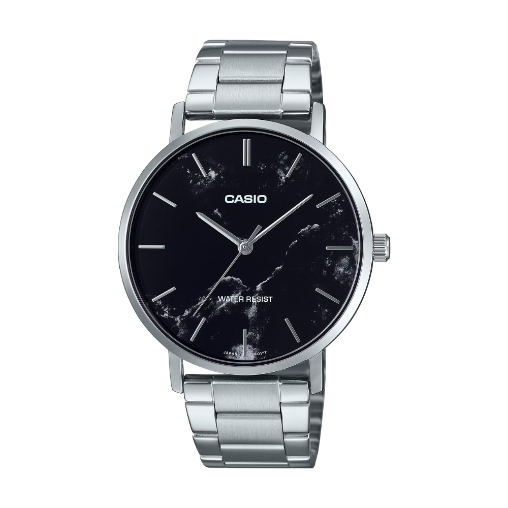 Casio watch with black marble dial and silver metal strap on a white background