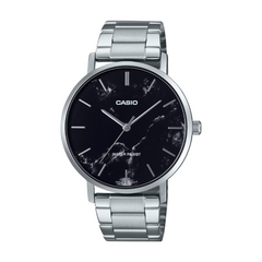 Casio watch with black marble dial and silver metal strap on a white background