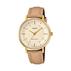 Casio watch with beige strap and gold casing on a white background