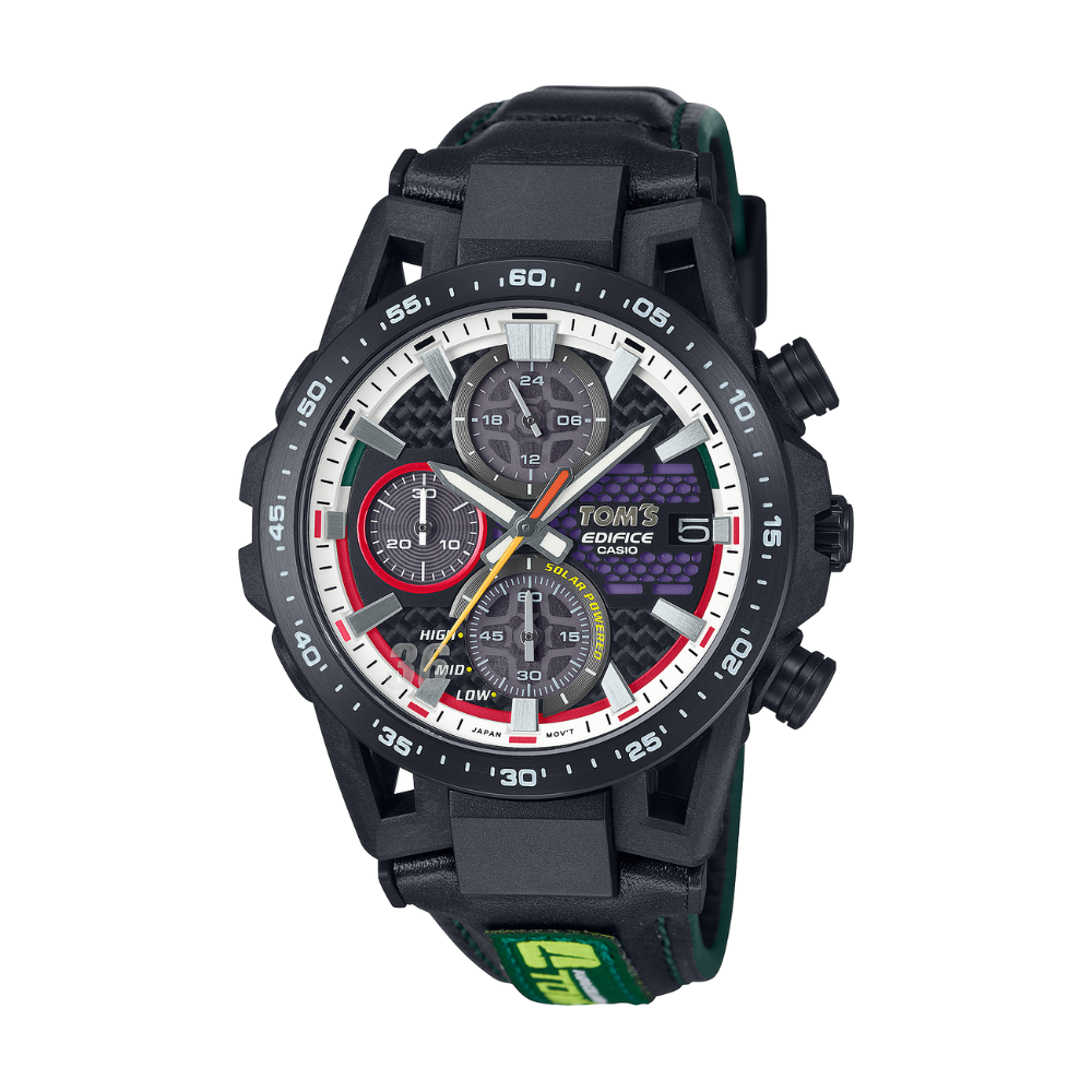 Black Casio Edifice watch with colorful face on a white background