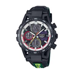 Black Casio Edifice watch with colorful face on a white background