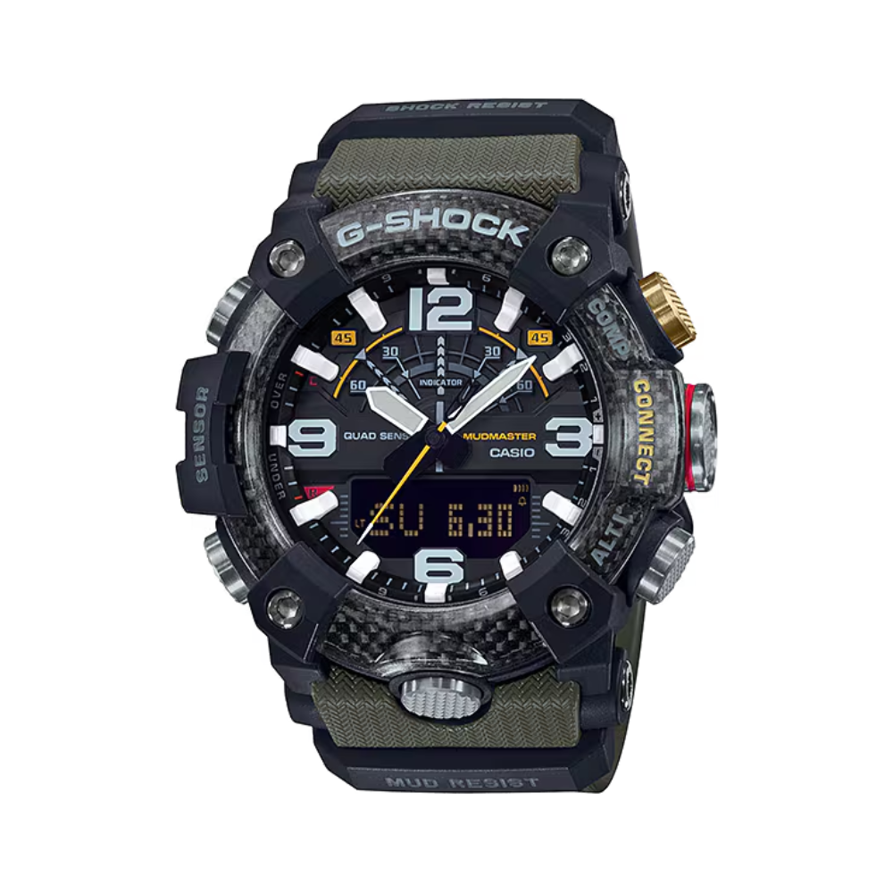 G-Shock watch with black and green design on a white background