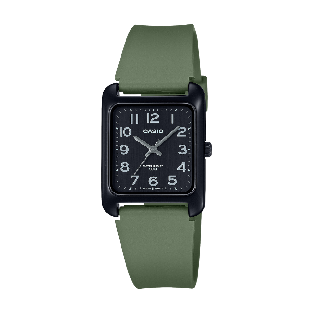 Casio watch with green strap on a white background