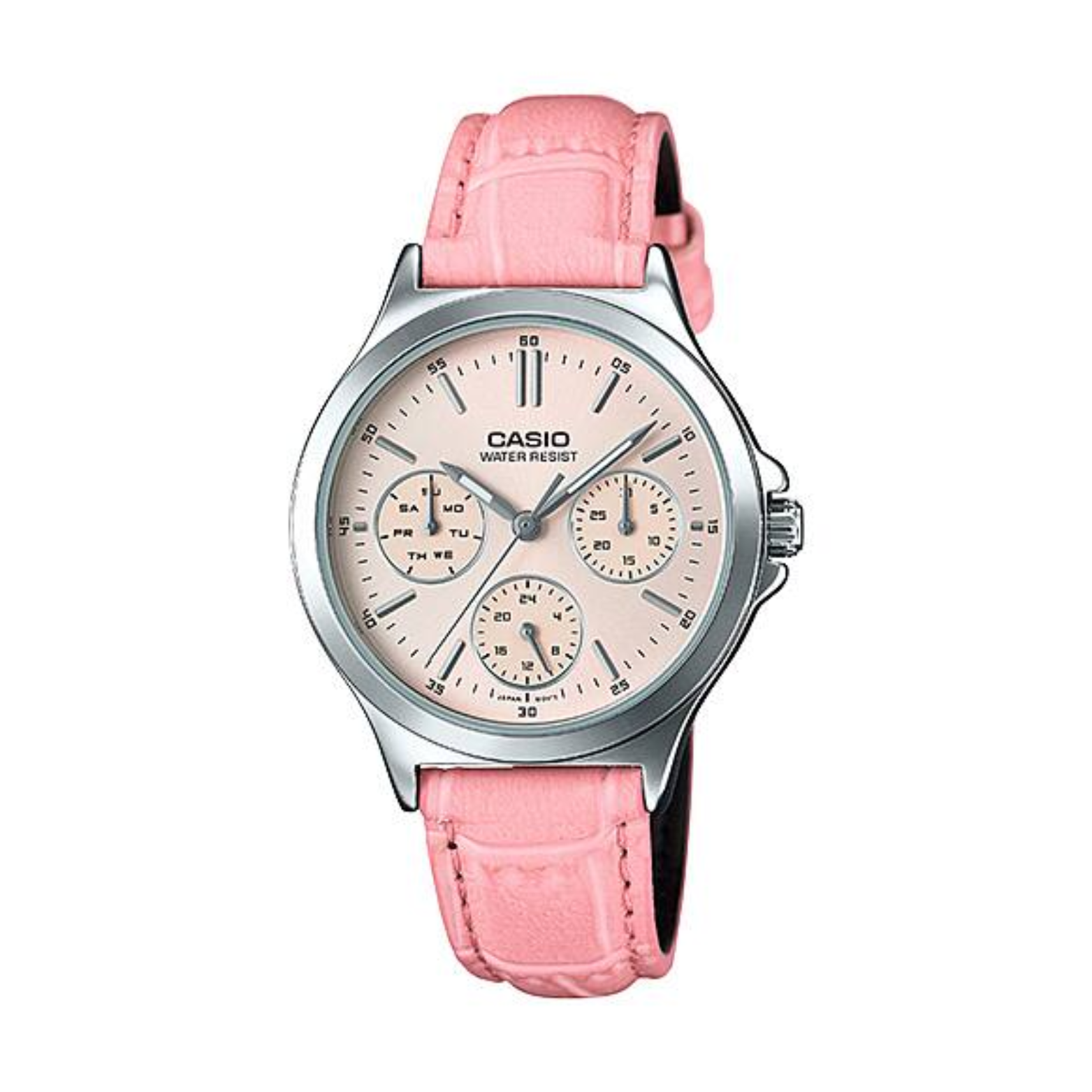 Casio watch with pink leather strap on a white background