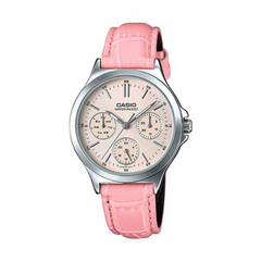 Casio watch with pink leather strap on a white background