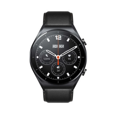 Black smartwatch with a leather strap on a white background