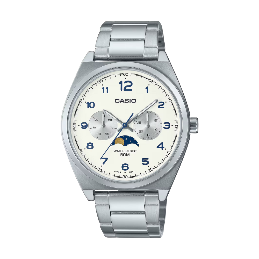 Silver Casio watch with a white face on a white background