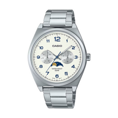 Silver Casio watch with a white face on a white background