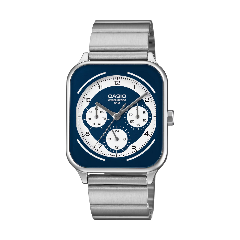 Casio watch with silver strap and blue face on a white background