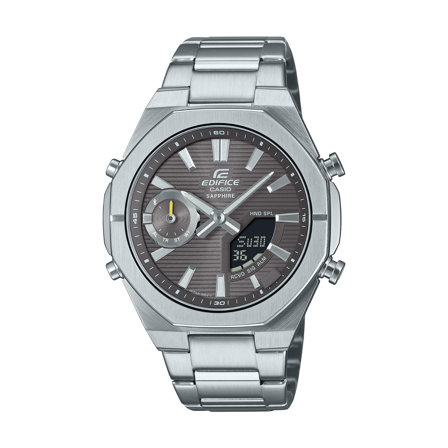 Silver Casio Edifice watch with digital and analog display on a white background
