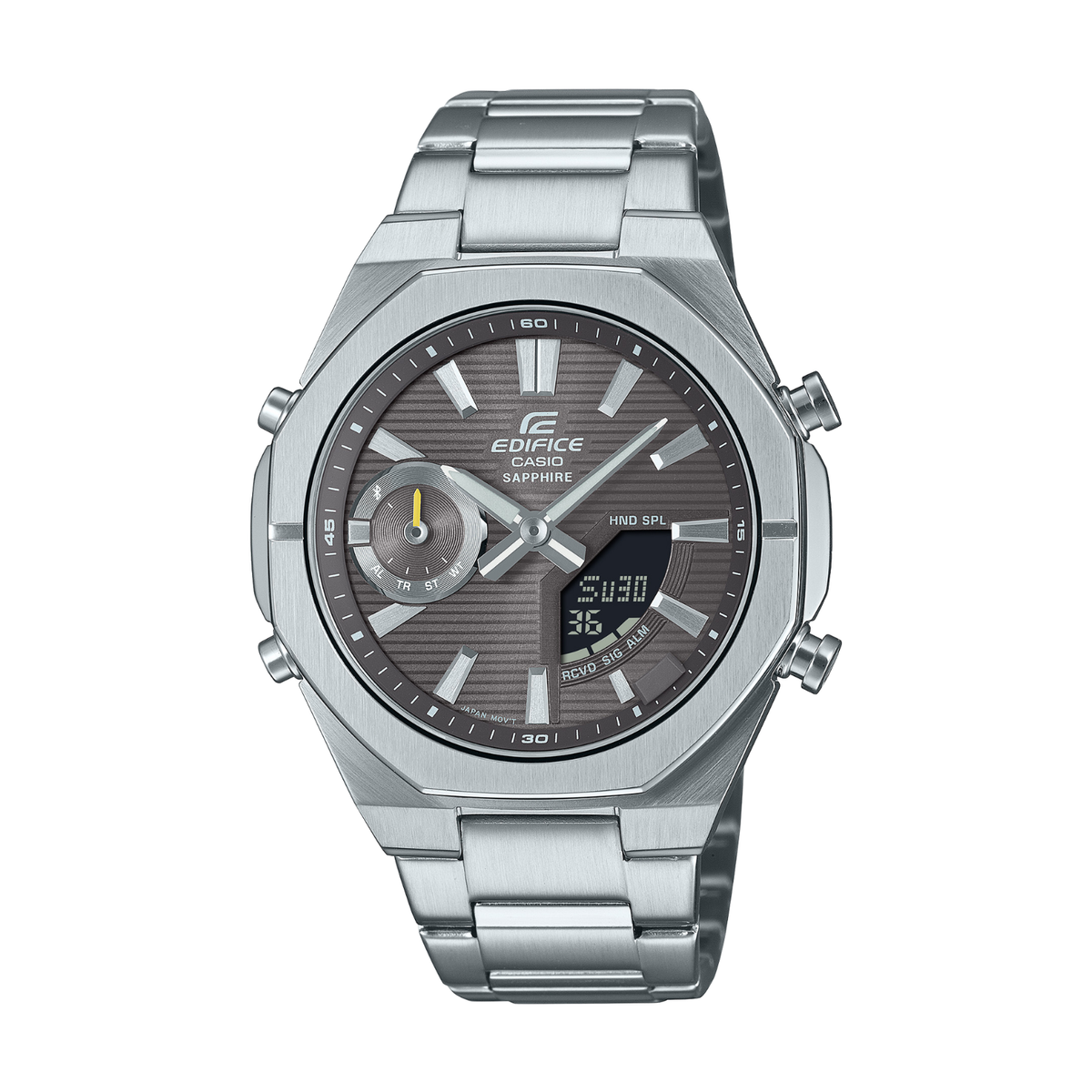 Silver Casio Edifice watch with digital and analog display on a white background