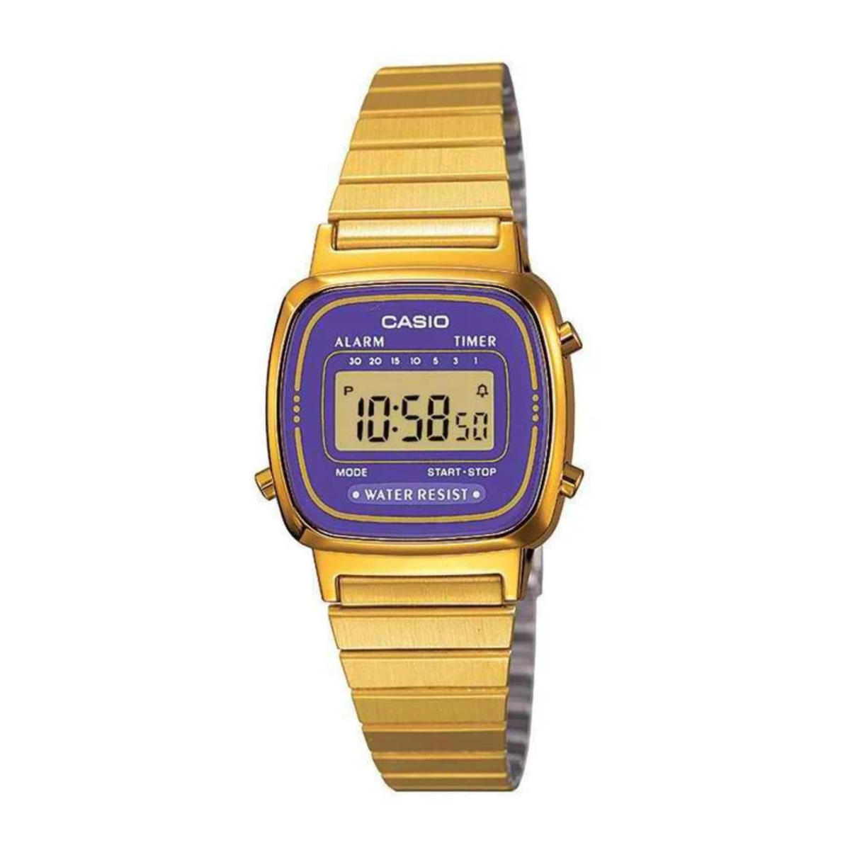 Gold Casio digital watch with a purple display on a white background