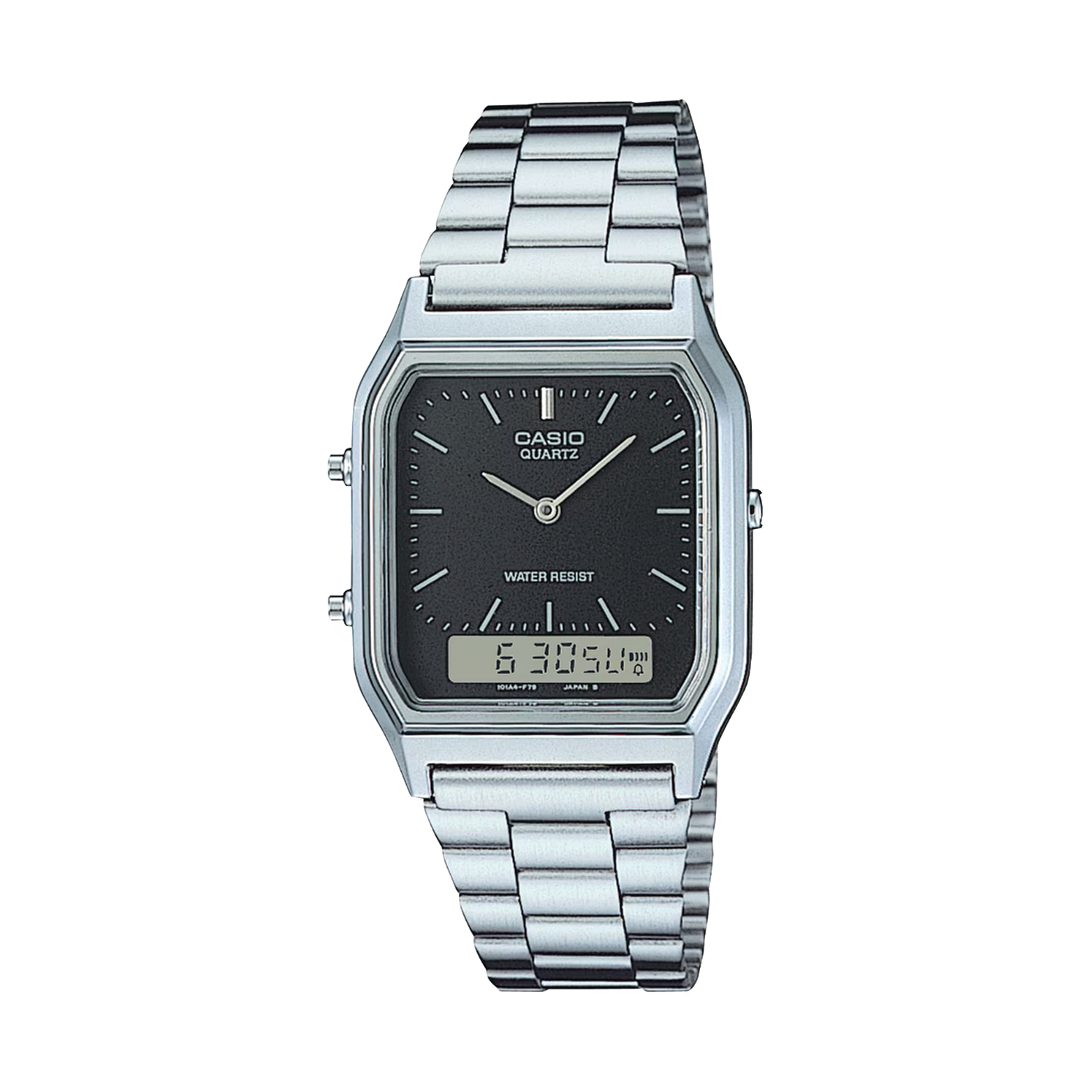 Casio watch with silver metal band on a white background