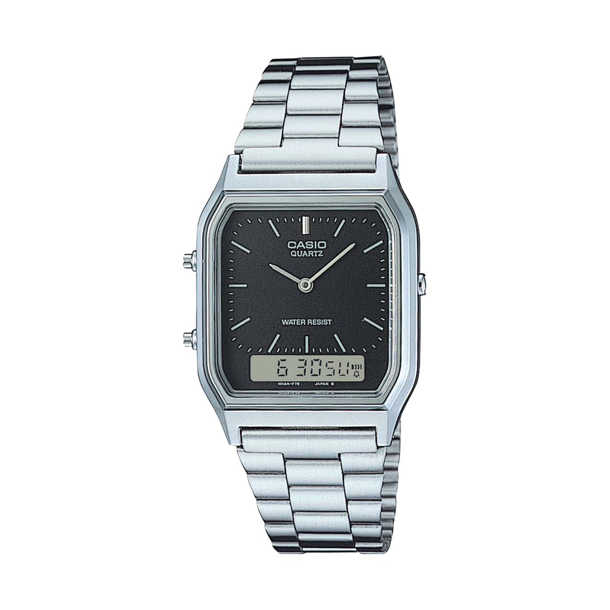 Casio watch with silver metal band on a white background