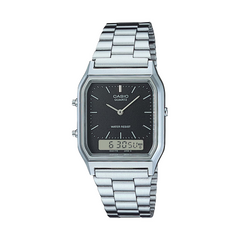 Casio watch with silver metal band on a white background