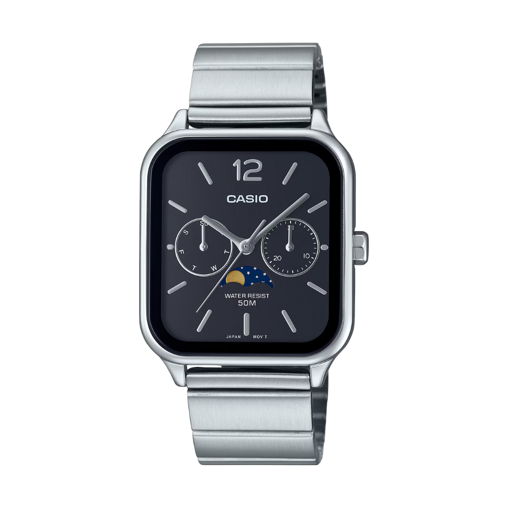 Casio watch with silver metal band on a white background