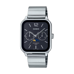 Casio watch with silver metal band on a white background