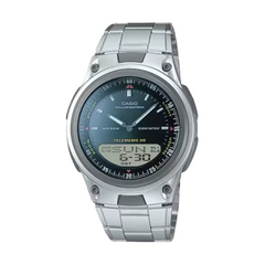 Silver Casio watch with digital display on a white background