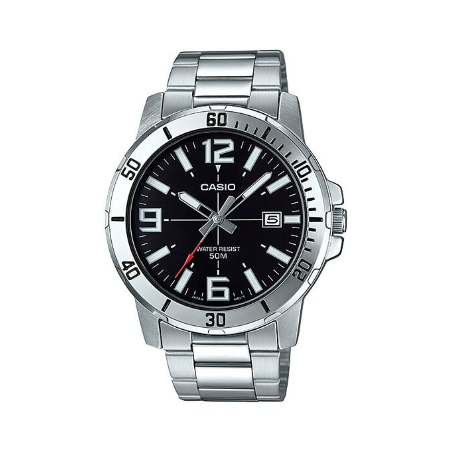 Casio watch with black dial and silver metal strap on a white background