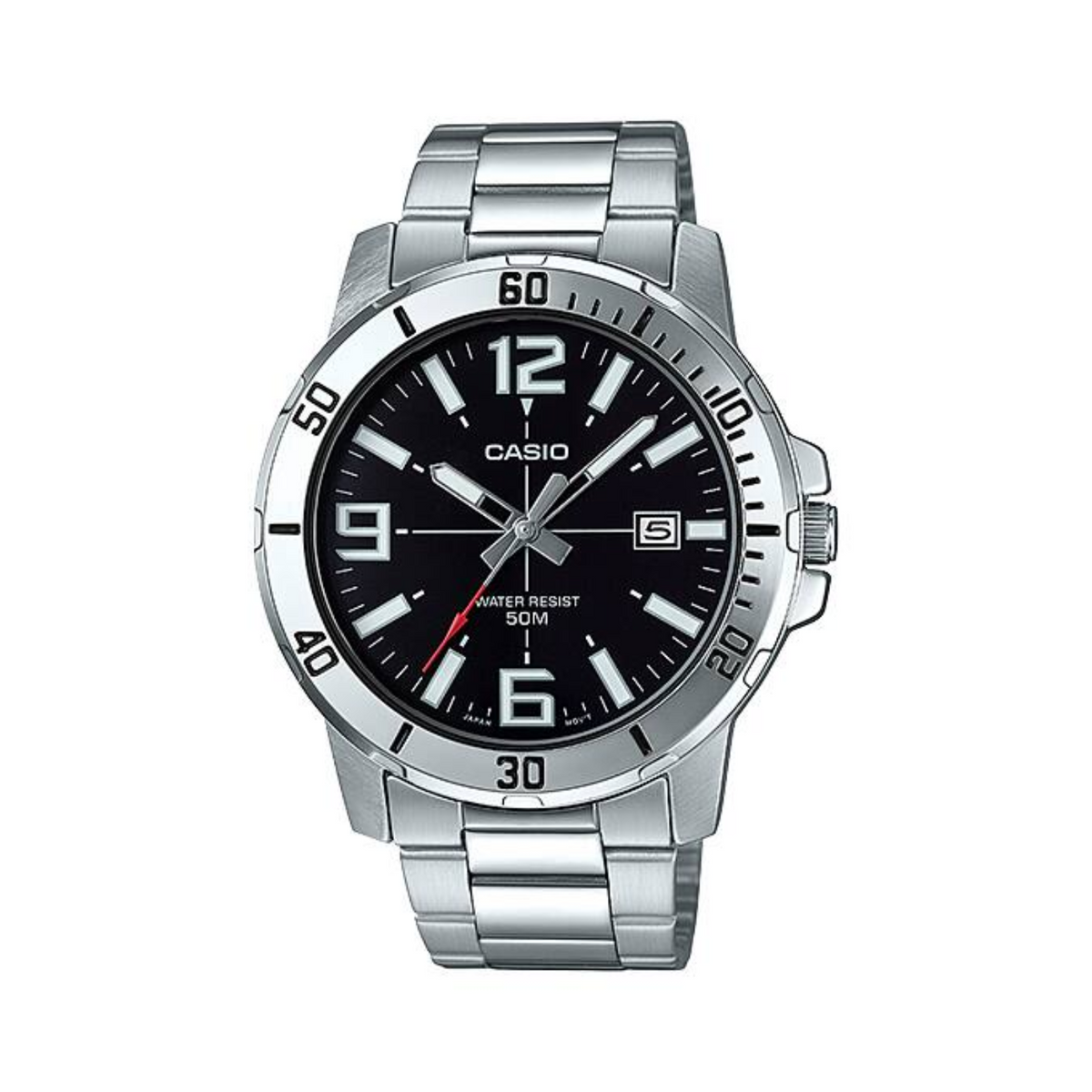 Casio watch with black dial and silver metal strap on a white background