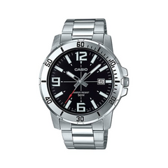Casio watch with black dial and silver metal strap on a white background