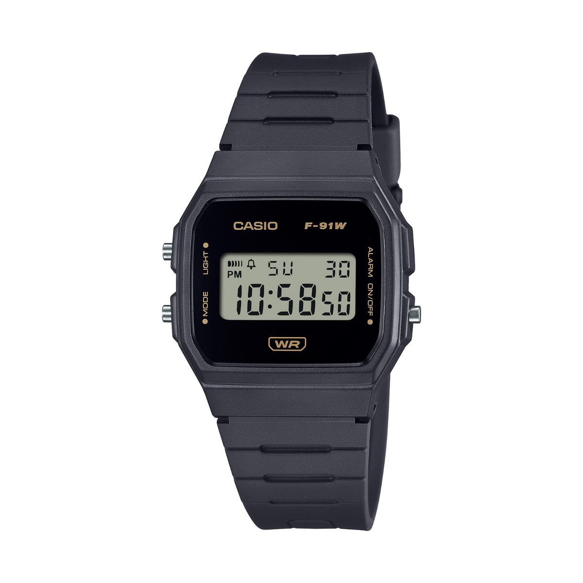 Black Casio digital watch on a white background
