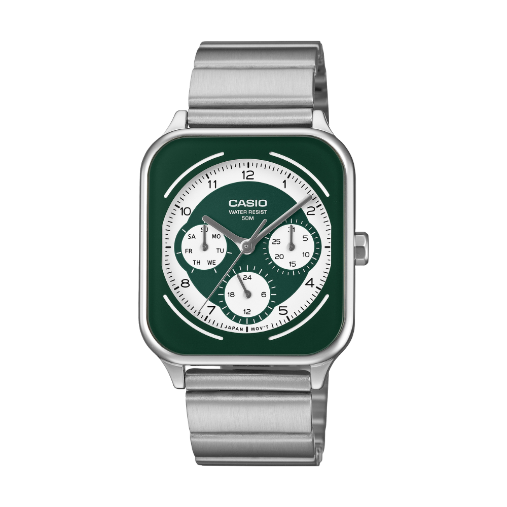 Casio watch with green face and silver band on a white background