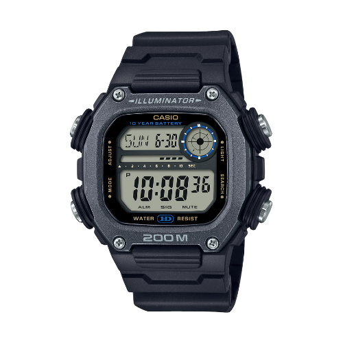 Black Casio digital watch on a white background