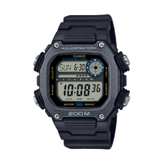 Black Casio digital watch on a white background