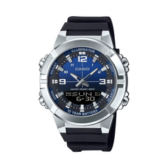 Casio watch with black strap and blue face on a white background