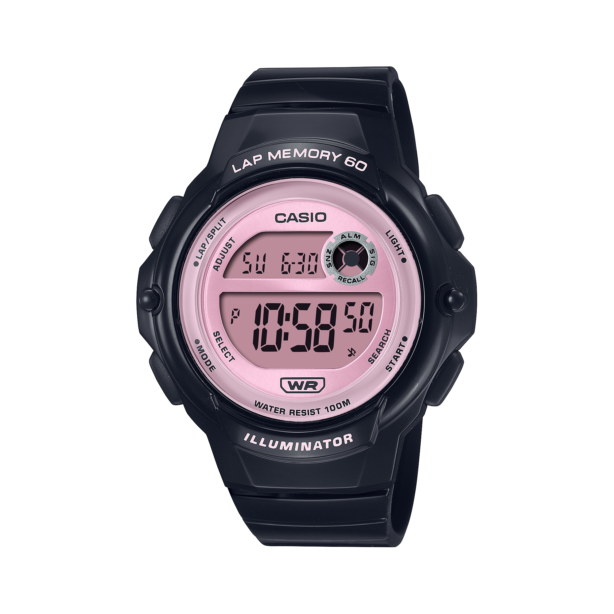 Digital watch with pink display and black casing on a white background
