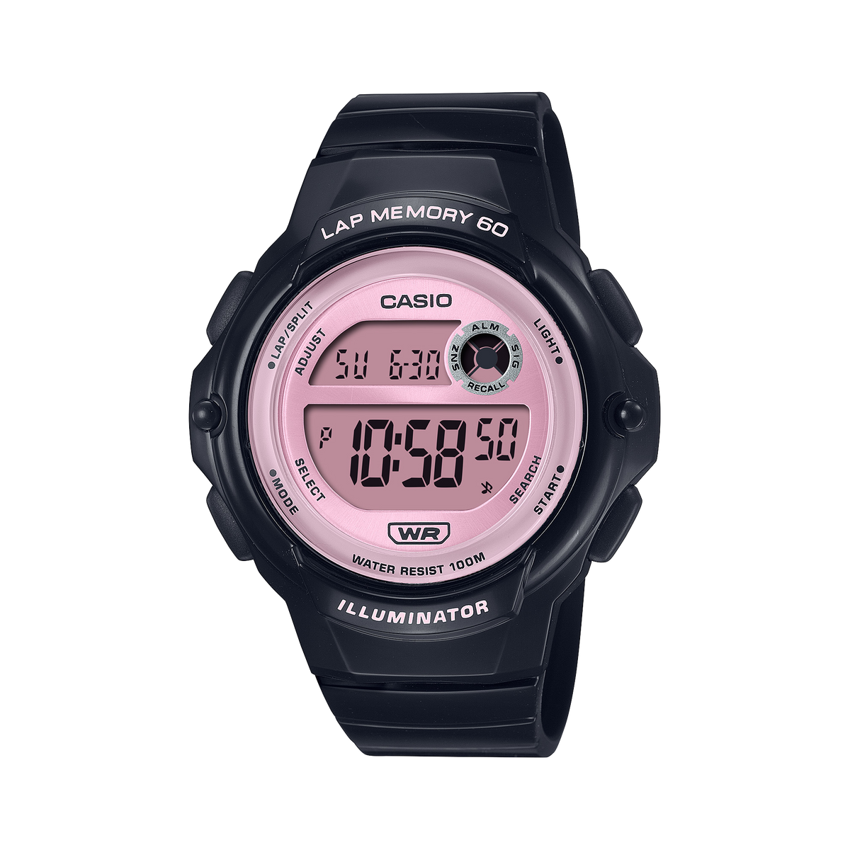 Digital watch with pink display and black casing on a white background