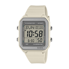 Digital watch with beige strap and gray casing on a white background