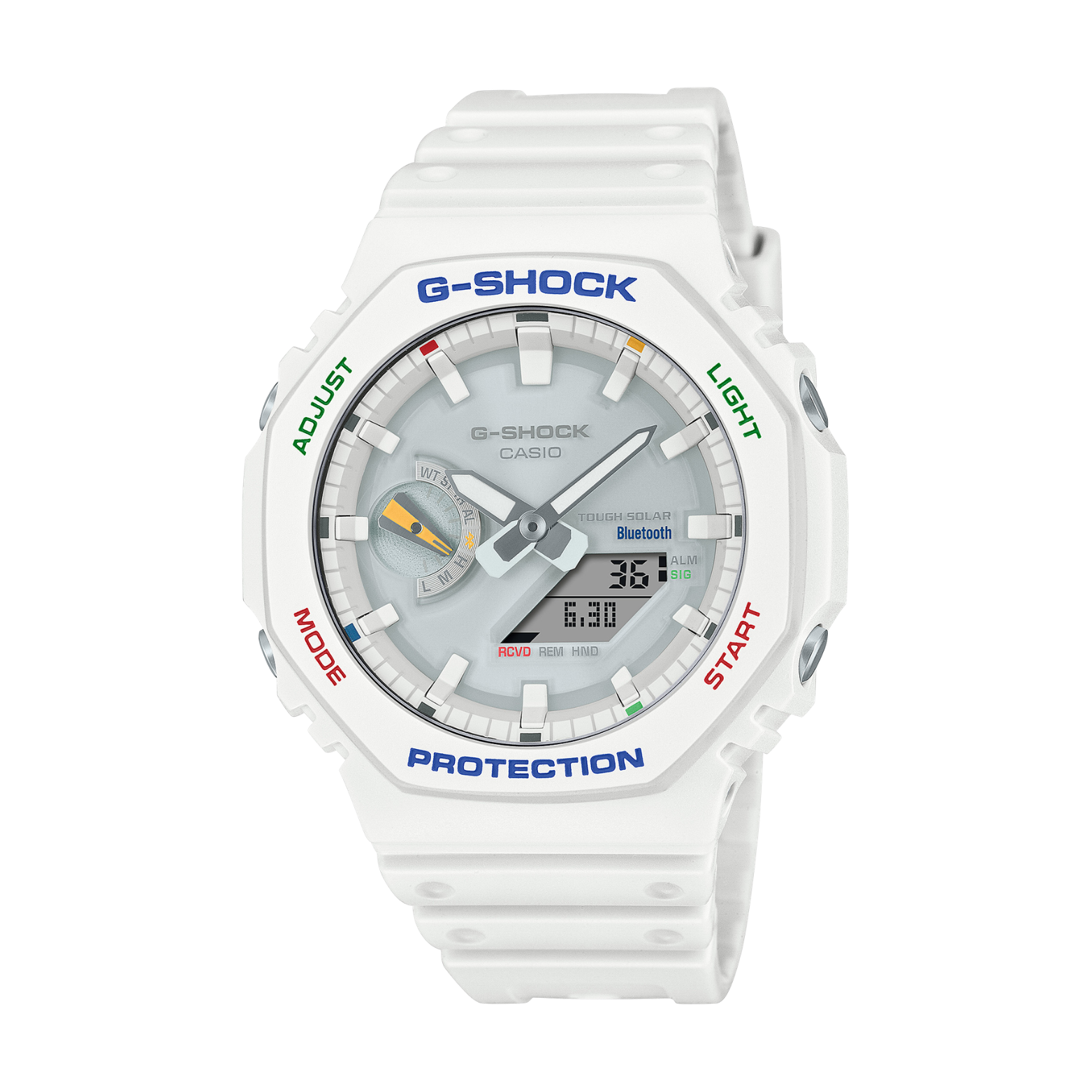 White G-Shock watch with blue accents on a white background