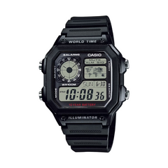 Black Casio digital watch on a white background