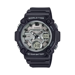 Black Casio watch with digital and analog display on a white background
