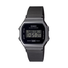 Black Casio digital watch on a white background