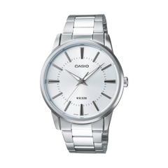 Silver Casio watch with a white face on a white background