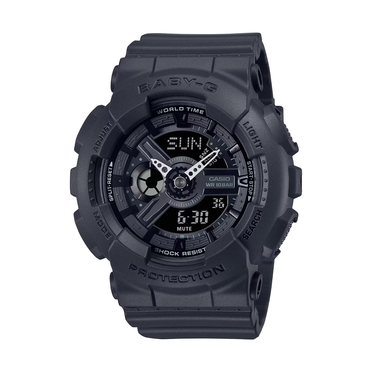 Black Casio watch with digital and analog display on a white background