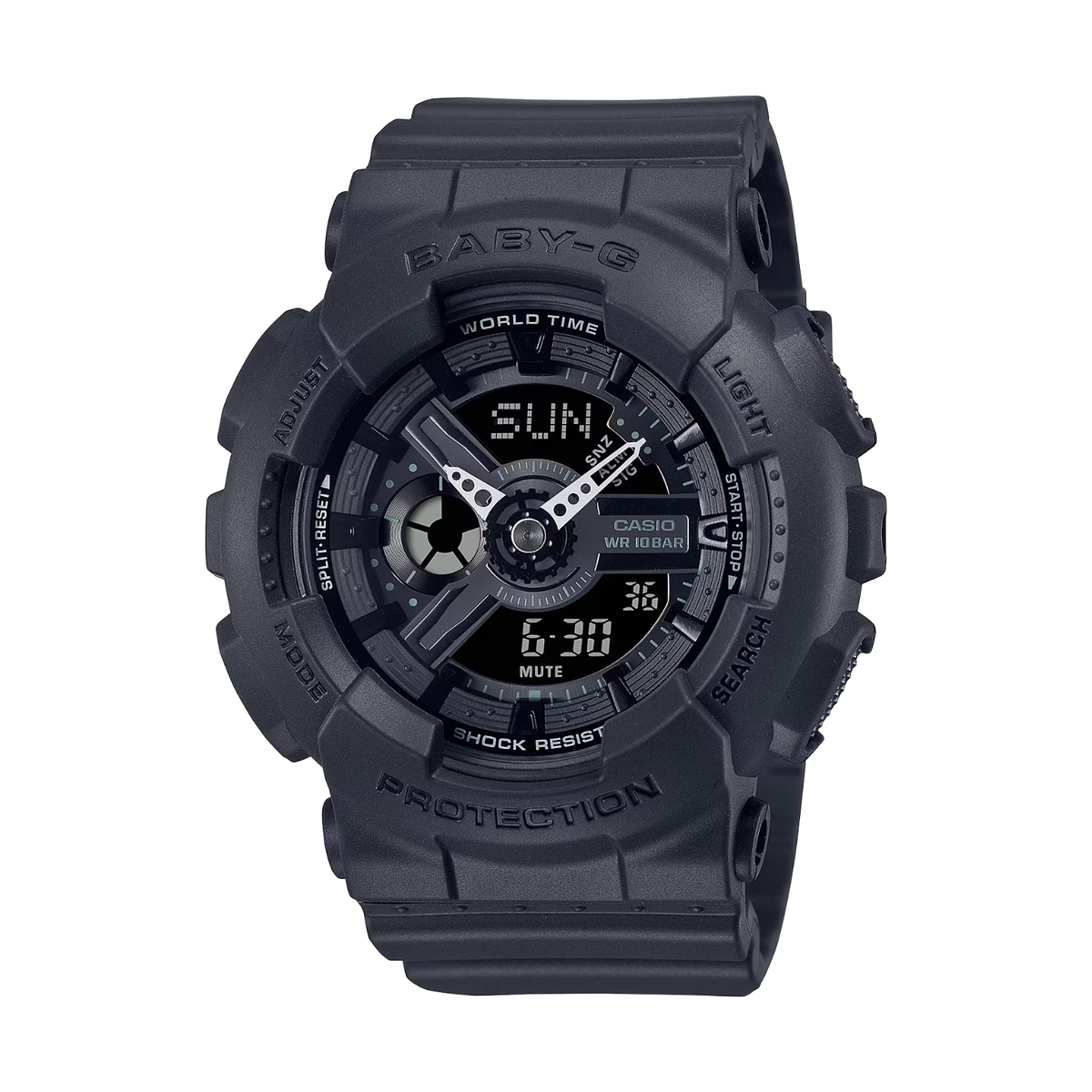 Black Casio watch with digital and analog display on a white background