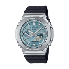 G-Shock watch with black strap and blue face on white background