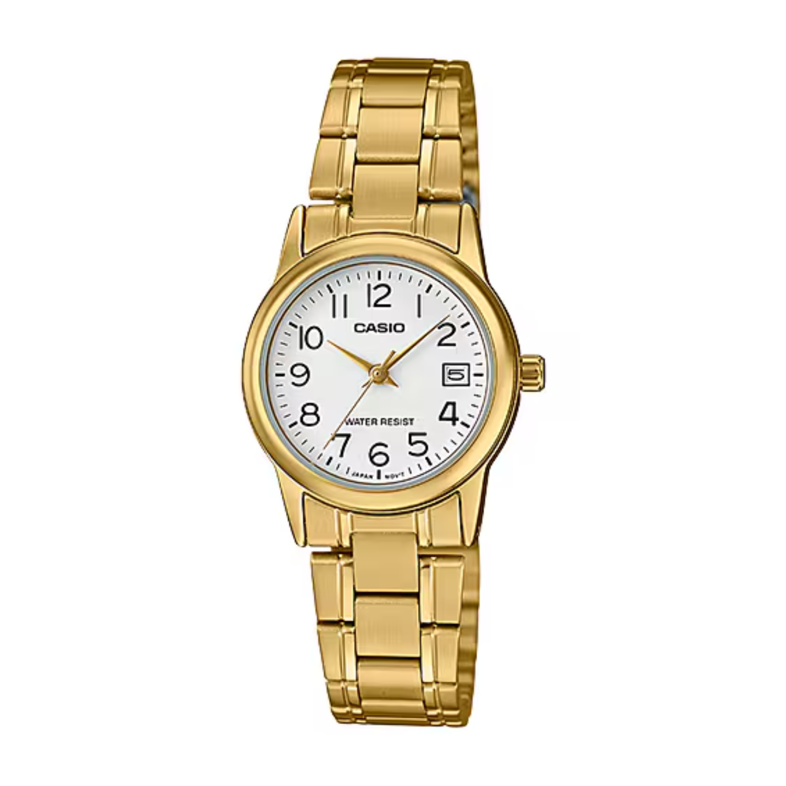 Gold Casio watch with a white face on a white background