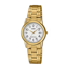 Gold Casio watch with a white face on a white background