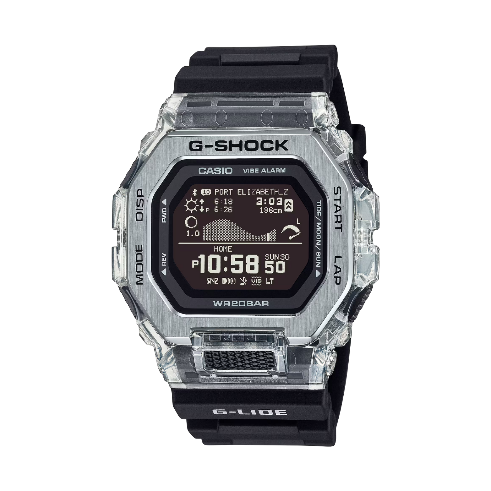 G-Shock digital watch with clear case and black strap on white background