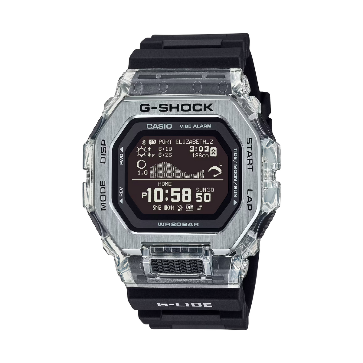 G-Shock digital watch with clear case and black strap on white background