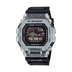 G-Shock digital watch with clear case and black strap on white background